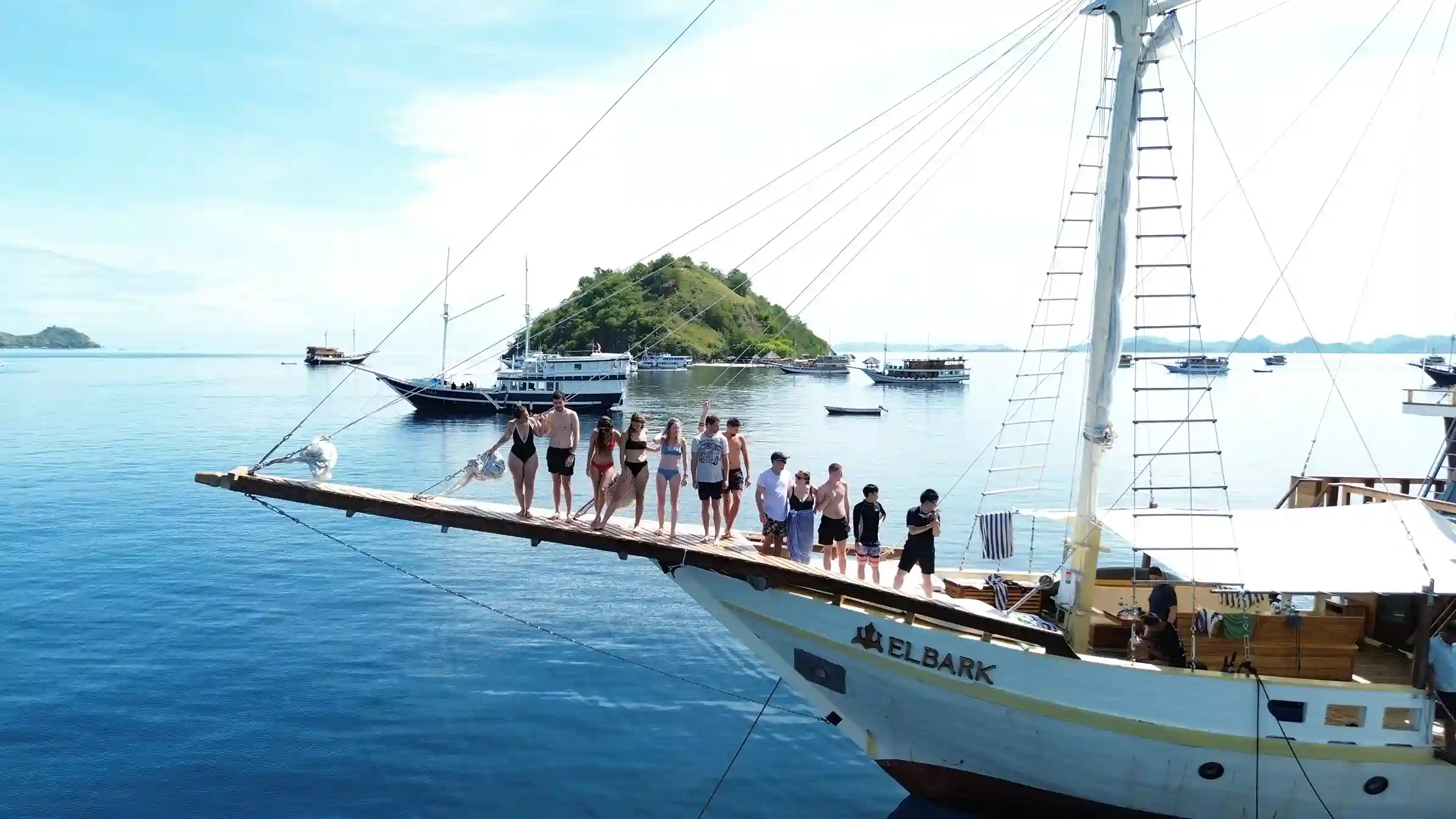 Bird's-eye view of Elbark Cruise in turquoise Komodo waters