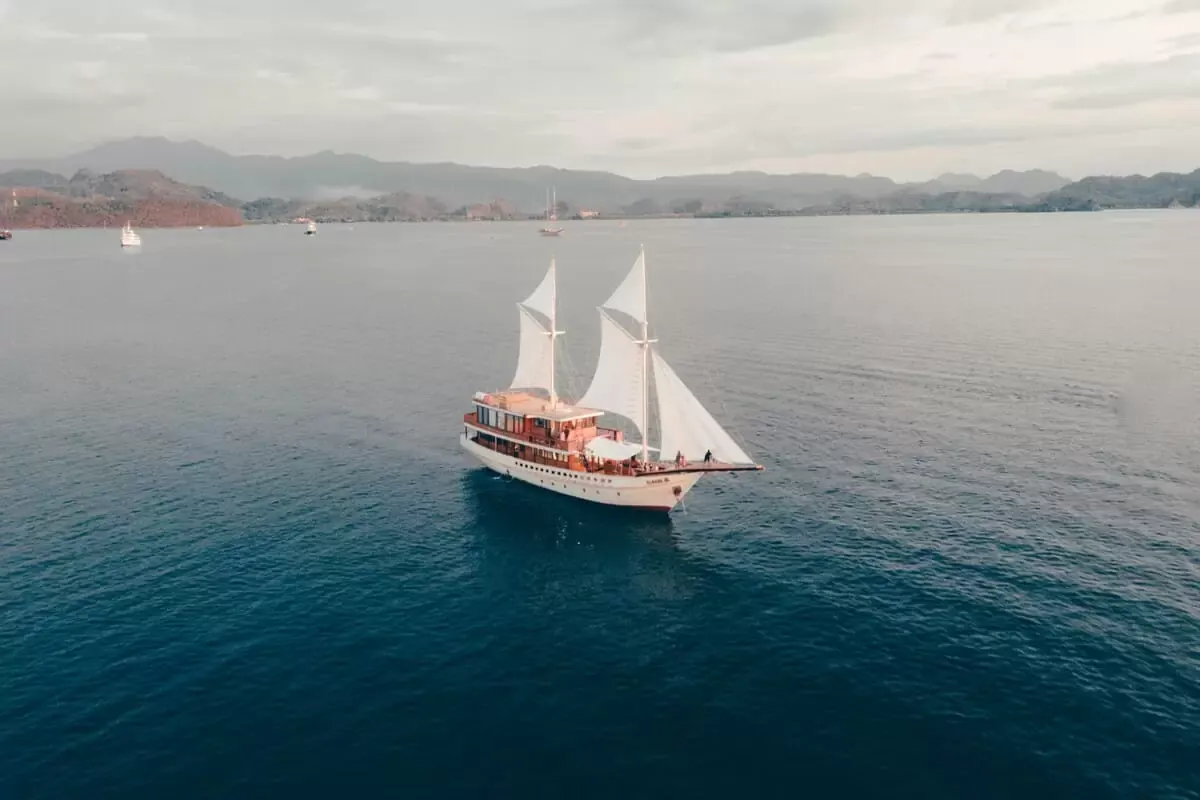 Drone view of Elbark Cruise phinisi anchored near Komodo islands